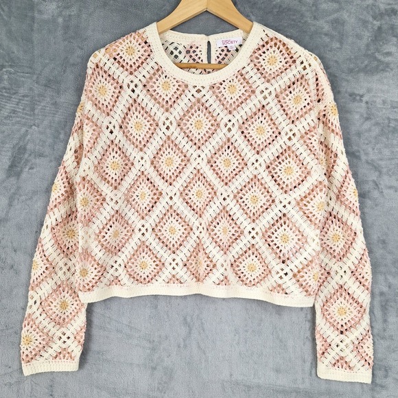 Mini Society Sweaters - Womens Sweater XL Crochet Granny Square Cottagecore Indie Boho Hippie Festival